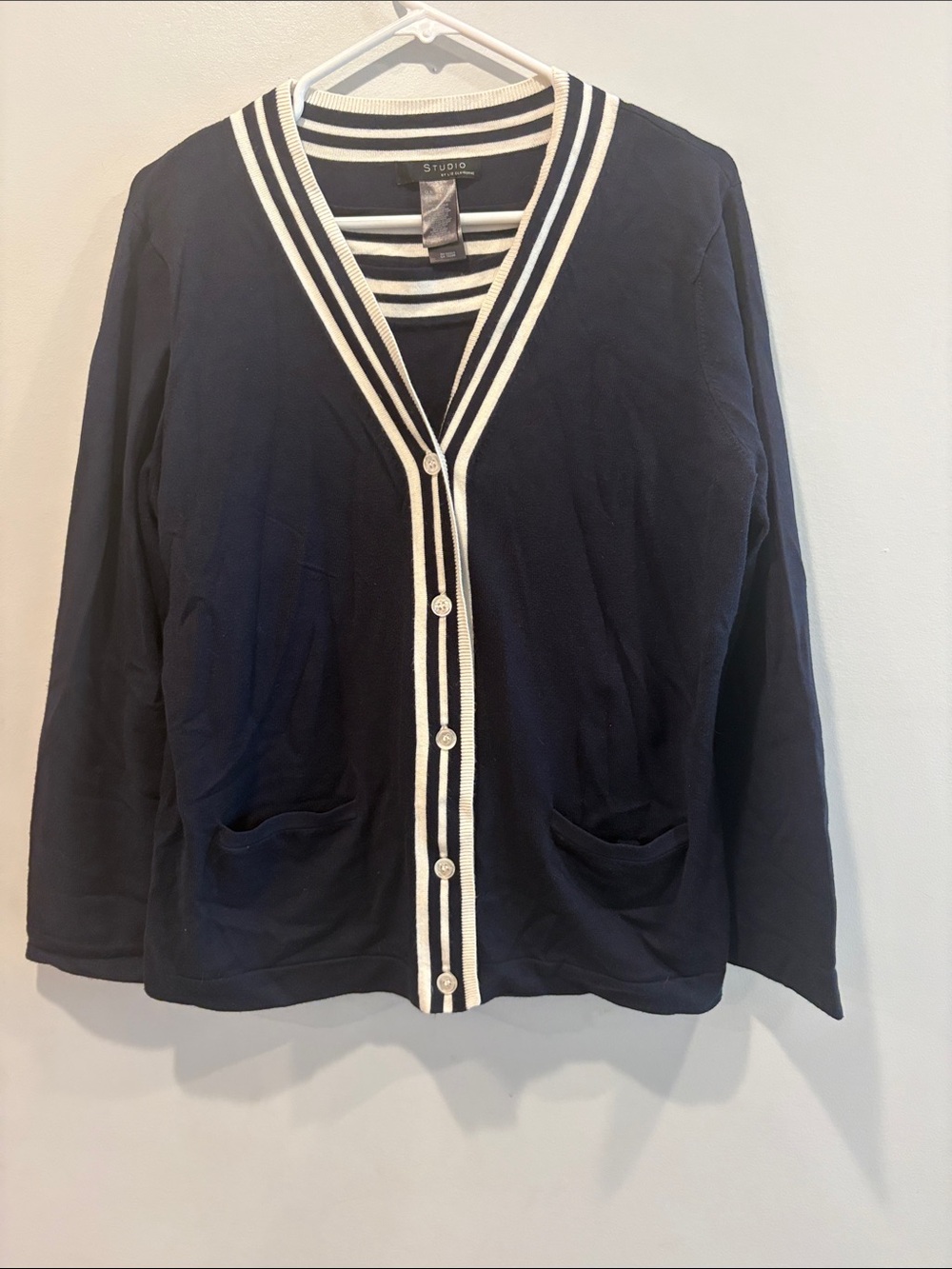 Studio Navy Cardigan with White Striped Trim ptp 22-24 2 piece length 26